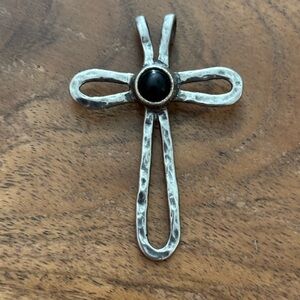 Hammered Sterling Silver Cross Necklace with Black Onyx Accent made in Israel